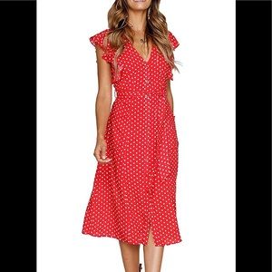 Red Polka Dot Midi Dress Small Flutter Sleeve Tie Waist Pockets V-Neck